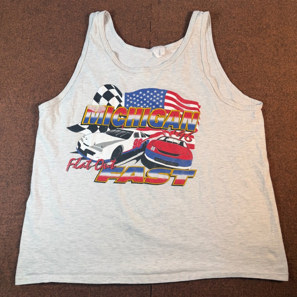 Vintage Michigan 96 Racing Tank Top Mens XL Flat Out Fast Stock Car Gray Heather